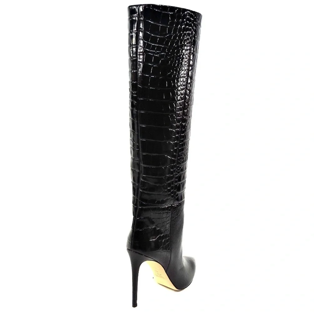 PARIS TEXAS 🇮🇹 WOMEN'S BLACK EMBOSSED CROCO STILETTO FASHION BOOTS - Picture 5 of 9